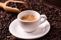 Coffee cup over dark roasted coffee beans Royalty Free Stock Photo