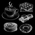Coffee cup with pastries chalk sketch on black chalkboard. bakery goods, sweet desserts on blackboard with tea mug. breakfast
