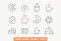 Coffee cup and pastry outline icon set