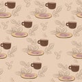 Coffee cup patern with saucer and coffee leaves on brown background, pattern with brown dishes and plants and splashes Royalty Free Stock Photo