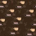 coffee cup patern with saucer and coffee leaves on brown background, pattern with brown dishes and plants and splashes Royalty Free Stock Photo