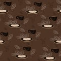 coffee cup patern with saucer and coffee leaves on brown background, pattern with brown dishes and plants and splashes Royalty Free Stock Photo