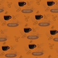 coffee cup patern with saucer and coffee leaves on brown background, pattern with brown dishes and plants and splashes Royalty Free Stock Photo