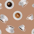 Coffee cup pattern. Tea mug seamless background for vintage cute coffee break, cafe drink. Cappuccino top and side view