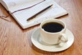 Coffee cup, pen, opened organizer Royalty Free Stock Photo