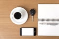 Coffee cup with phone car key and notepad Royalty Free Stock Photo