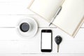 Coffee cup with phone,car key and open notebook Royalty Free Stock Photo