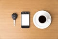 Coffee cup and phone and car key Royalty Free Stock Photo