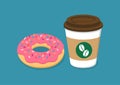 Coffee cup and pink donut, Morning breakfast, Vector template illustration. Royalty Free Stock Photo