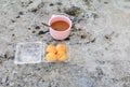 Coffee cup pink plastic and cream puffs in box on the Cement floor old with copy space Royalty Free Stock Photo