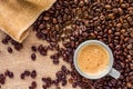 Coffee cup placed on a bed of coffee beans Royalty Free Stock Photo