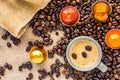 Coffee cup placed on a bed of coffee beans Royalty Free Stock Photo