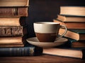 A coffee cup placed in the front of old books Royalty Free Stock Photo