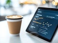 A coffee cup placed next to a tablet displaying analytic graphs and data perfect for illustrating a productive work environment Royalty Free Stock Photo