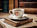 A coffee cup placed on a stack of old books Royalty Free Stock Photo