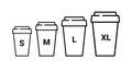 Coffee cup plastic size icon. Large small takeaway coffee cup vector line icon illustration sizes concept. Royalty Free Stock Photo