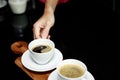 Coffee cup on plate and hand barista