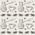 Coffee cup and pot seamless handdrawn pattern