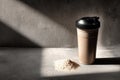 Coffee Cup with Protein Powder on a Concrete Surface in Natural Light Royalty Free Stock Photo
