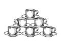 Coffee cup pyramid tower engraving vector