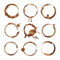 Coffee cup rings. Dirty splashes and drops of tea or coffee vector circle shapes Royalty Free Stock Photo