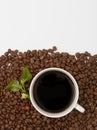 Coffee cup and roasted coffee beans and cherry with flower and green leaf  on white background ,top view Royalty Free Stock Photo