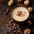 Coffee cup with roasted coffee beans, nuts and cinnamon on dark background Royalty Free Stock Photo
