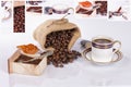 Coffee cup with a sack of coffee beans on white background Royalty Free Stock Photo