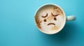 A coffee cup with a sad face drawn on the coffee milk foam, Ai Generated Royalty Free Stock Photo