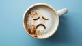 A coffee cup with a sad face drawn on the coffee milk foam, Ai Generated Royalty Free Stock Photo