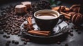 Coffee cup and saucer with coffee beans, cinnamon sticks, star anise and brown sugar on dark background Royalty Free Stock Photo