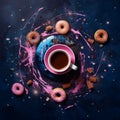 coffee in a cup with a saucer in the center and donuts in pink and blue caramel glaze . view from above Royalty Free Stock Photo