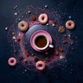 coffee in a cup with a saucer in the center and donuts in pink and blue caramel glaze . view from above Royalty Free Stock Photo