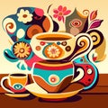 Coffee cup and saucer with floral pattern. Vector illustration generative AI