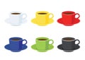 Coffee cup on saucer and many coffee cups multi color White yellow red blue green black Royalty Free Stock Photo