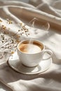 A coffee cup on a saucer rests on a bed, singleorigin brew Royalty Free Stock Photo