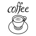 Coffee Cup and a saucer vector illustration with milk and cinnamon, coffee icon, uncolored, hand drawn lettering, coffee time,