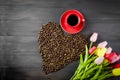 Coffee cup , Coffee beans and tulips