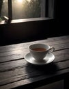 A coffee cup with singleorigin coffee rests on a saucer on a table Royalty Free Stock Photo