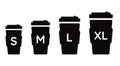 Coffee cup size S M L XL. Different size - small, medium, large and extra large. Black coffeecup icons set Royalty Free Stock Photo