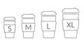 Coffee cup size S M L XL. Different size - small, medium, large and extra large. Outline coffeecup icons set Royalty Free Stock Photo