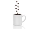 Coffee cup with smoke falling coffee beans on white background Royalty Free Stock Photo