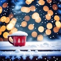 Coffee cup on snowy table, blurred winter forest background with copy space Royalty Free Stock Photo