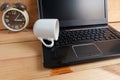 Coffee Cup spill out on Laptop Keyboard on wooden floor Royalty Free Stock Photo