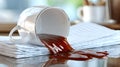Coffee Cup Spills Liquid Across Important Documents on a Wooden Table in a Bright Cafe Royalty Free Stock Photo