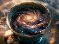 Coffee cup with a spiral galaxy in the background. 3D rendering Generative AI Royalty Free Stock Photo