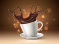 Coffee cup splash. Realistic porcelain saucer and espresso mug, black hot drink flow with drops, spilled beverage