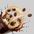 Coffee Cup Splash with Roasted Coffee Beans and Cream Swirl Royalty Free Stock Photo