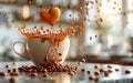 Coffee cup with splash on the table. Heart shaped coffee beans pouring into a cup Royalty Free Stock Photo