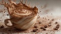 Coffee Cup Splashes Rich Liquid in a Dynamic Scene With Ground Coffee and Beans Scattered Around Royalty Free Stock Photo